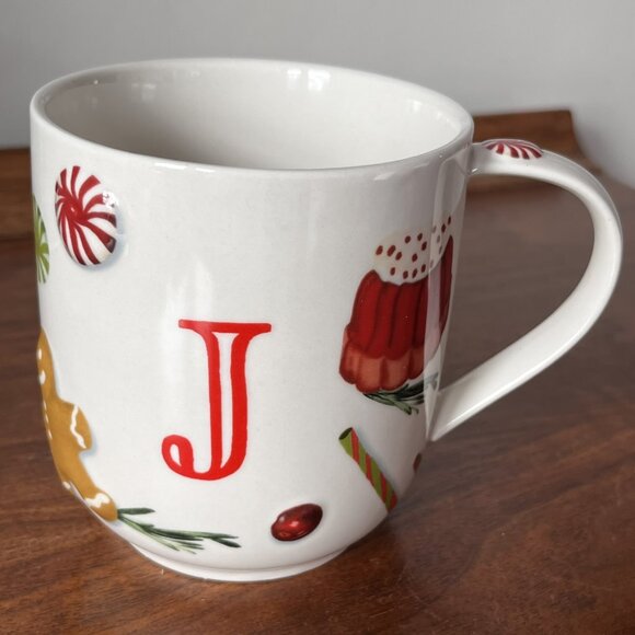 NEW Anthropologie Holifaye Stoneware Monogram Mug Letter J Christmas Coffee Cup - Picture 1 of 8